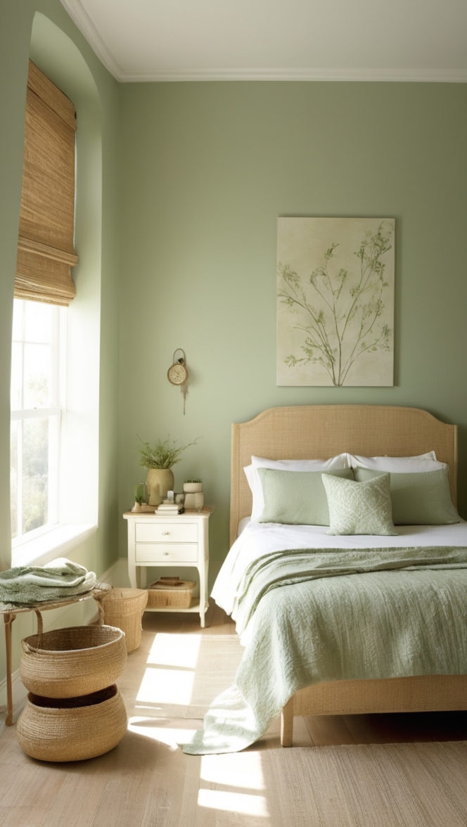 How can I enhance the ambiance of my bedroom with a light sage green color scheme? ?