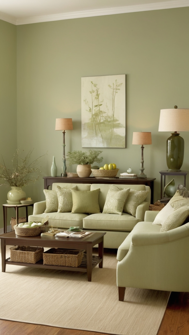 sage green decor, green living room ideas, sage green furniture, sage green curtains, green accent wall