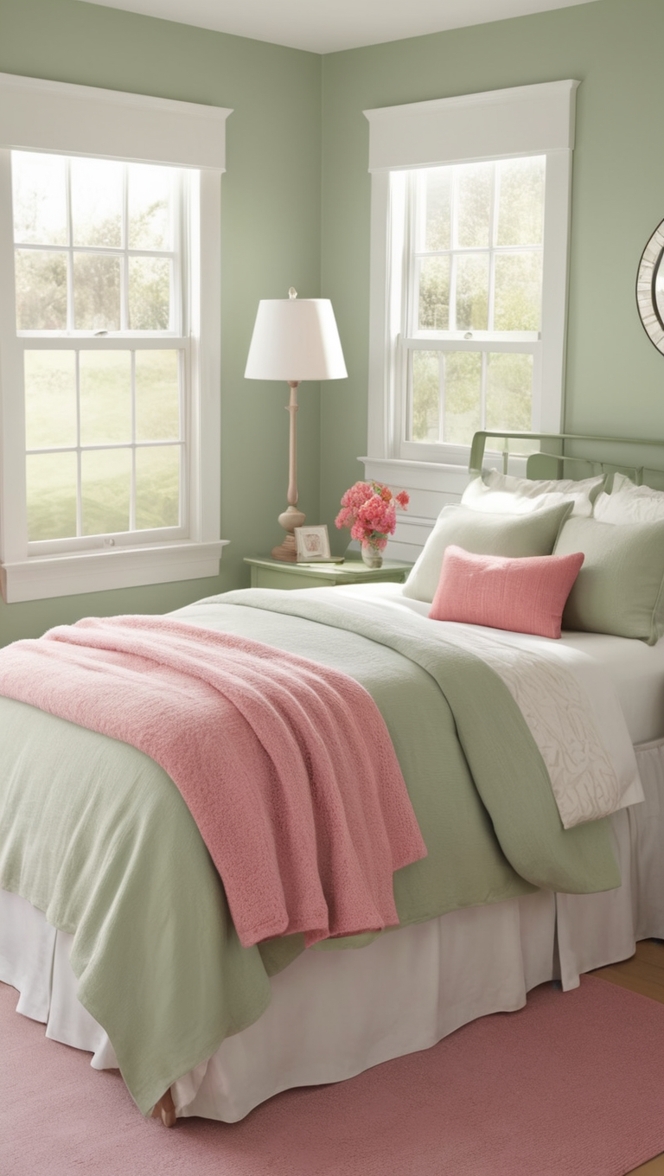 sage green bedroom decor, pink bedroom ideas, sage green wall paint, pink and green bedroom design, bedroom color schemes