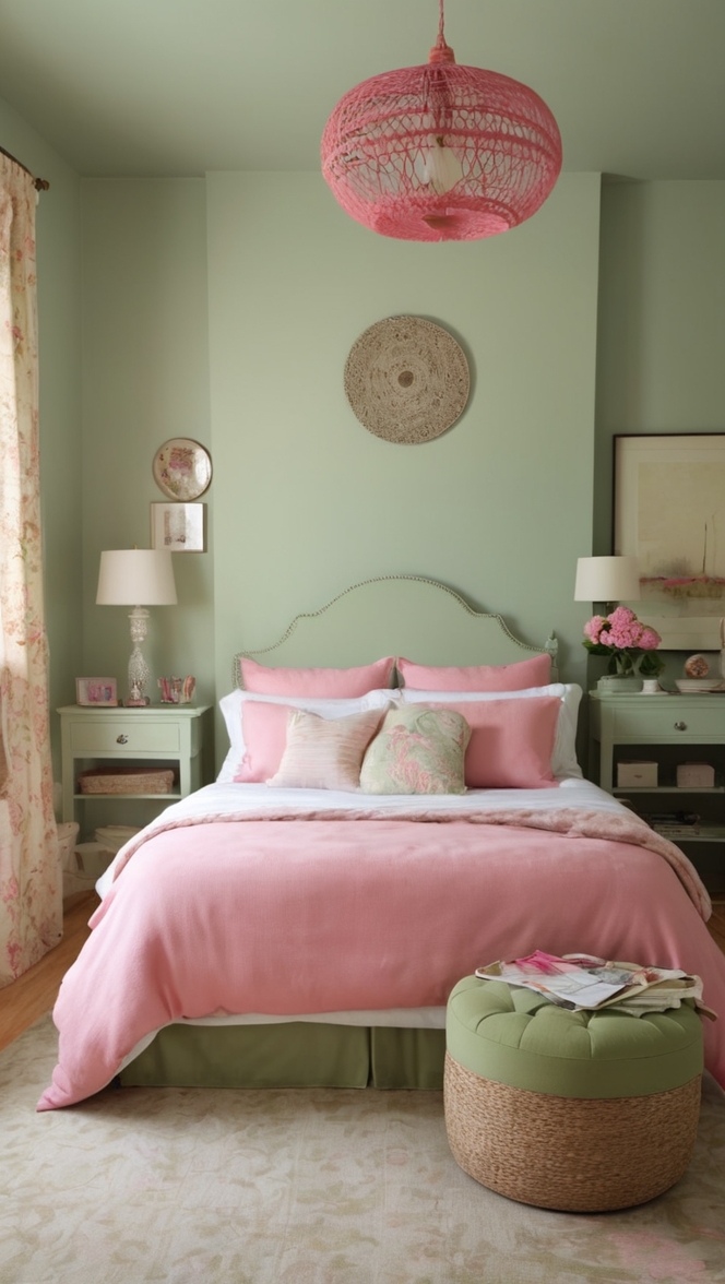 How can I create a stylish sage green and pink bedroom? ?