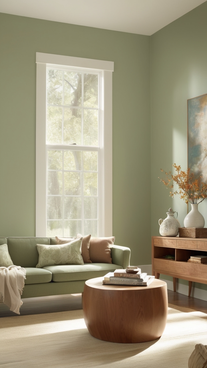 sage green sofa, wood coffee table, living room decor, green accent wall, wooden furniture