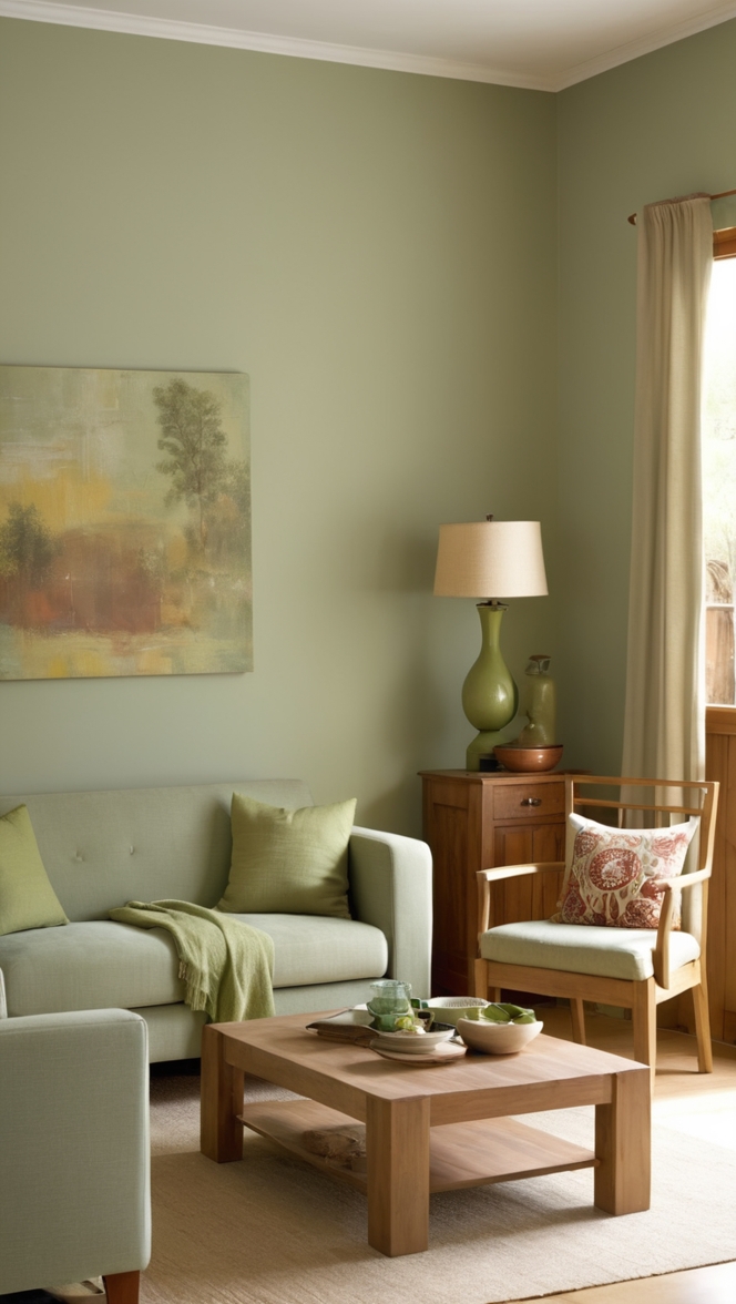 sage green sofa, wood coffee table, living room decor, green accent wall, wooden furniture