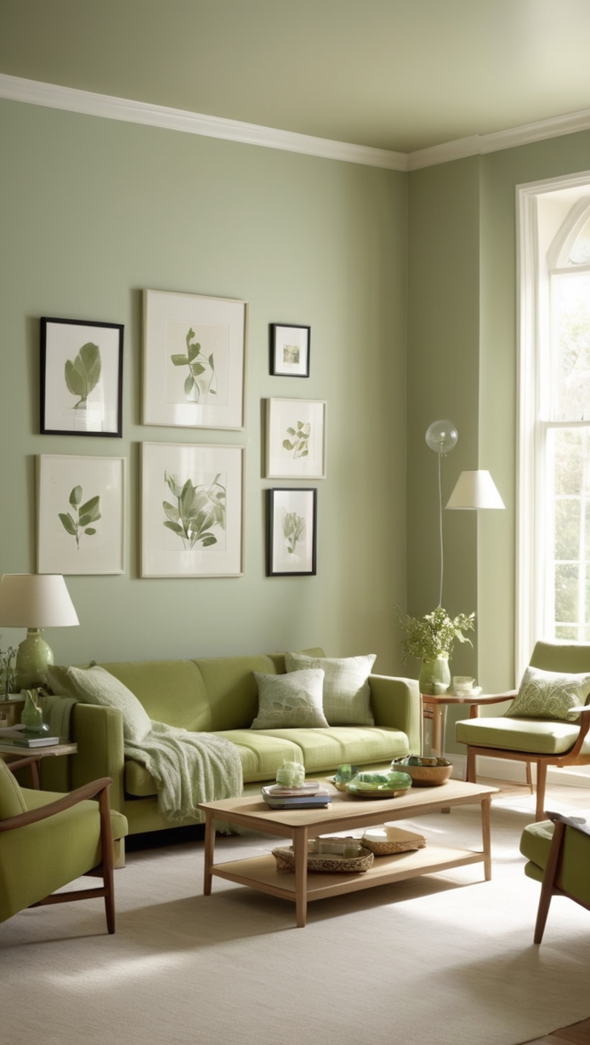 How can I incorporate a sage green color palette into my living room? ?