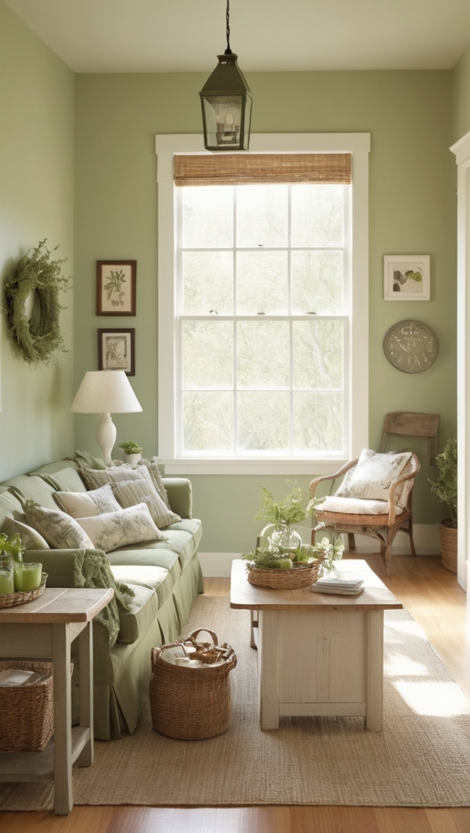 sage green decor, farmhouse living room design, rustic farmhouse furniture, modern farmhouse style, cozy farmhouse decor
