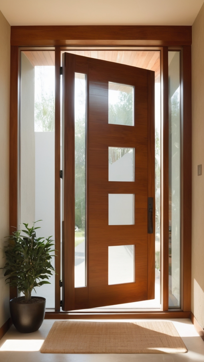What makes this modern wooden front door design stand out? ?